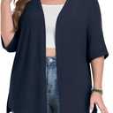 Lastshe Plus Size Cardigan for Womens Rolled Short Sleeve Lightweight Loose Cover Ups Open Front Sweaters, Dark Blue, 2X