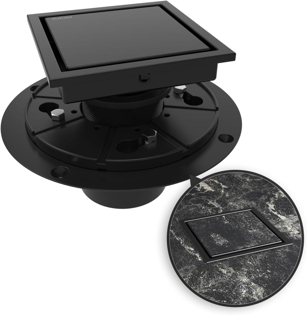 WEBANG 4 Inch Square Shower Drain Black Floor Drain with Flange Reversible 2-in-1 Cover Tile Insert Grate Removable SUS304 Stainless Steel CUPC Certified Matte Black