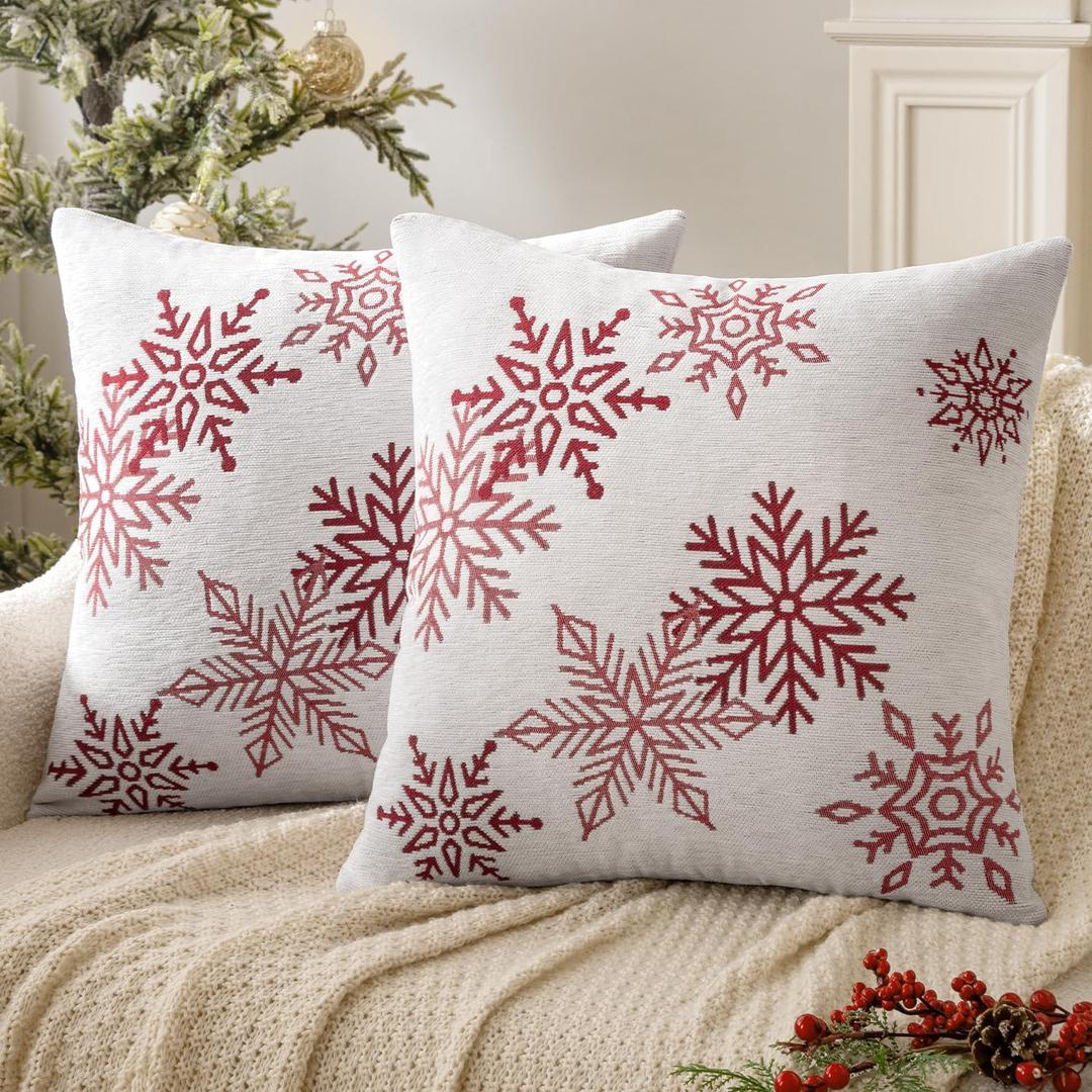 MIULEE Christmas 2 Pack Dark Green Chenille Throw Pillow Covers Soft Pillow Cases with Snowflake Embroidery Morden for Holiday Decoration Sofa Couch Bedroom Home Decor,18x18 Inch