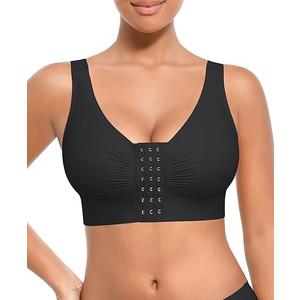 FeelinGirl Front Closure Post Surgery Compression Minimizer Bra with Adjustable Straps Wirefree Bras, Black, XL