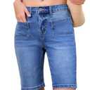 Sidefeel Womens Jean Shorts High Waisted Stretchy Buttoned Knee Length Bermuda Denim Shorts Dark Blue Size 12
