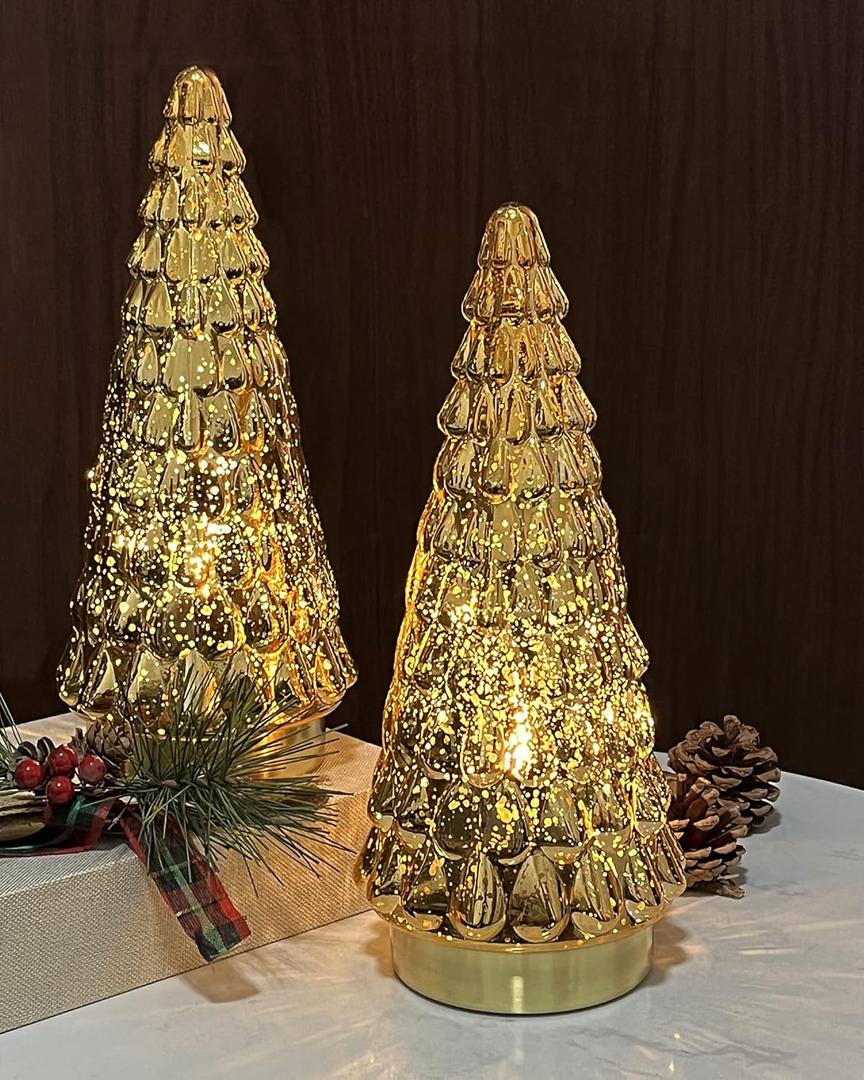 SHMILMH Gold Mercury Glass Christmas Tree Set of 2, Tabletop Christmas Tree with Light, Battery Operated Small Xmas Tree for Fireplace Centerpiece Decorations 10"
