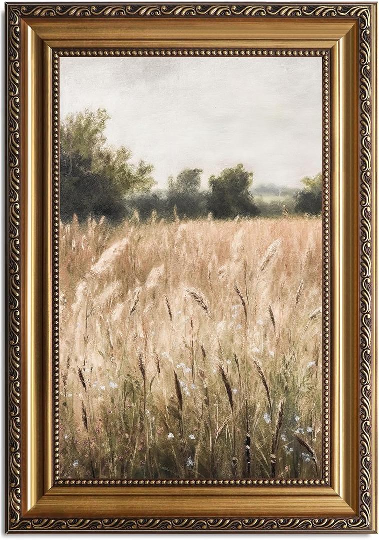 ASTRDECOR Vintage Wildflower Wall Art, Gold Framed Artprint Farmhouse Wall Decor Wildflower Field Landscape Oil Painting, Neutral Spring Country Scenery Pictures Wall Decor, Vintage Artwork for Wall - 20"x30"