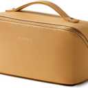 EACHY Travel Makeup Bag, Large Capacity Cosmetic Bag for Women, Waterproof PU Leather, Flat Open Portable Toiletry Bag for Skincare, Brushes & Travel Essentials (Medium, AM-Yellow)