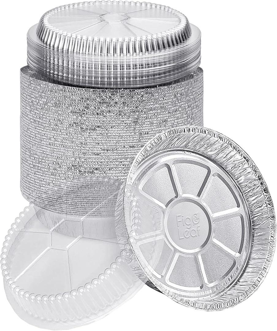 Fig & Leaf (40 Pack) Premium 6-Inch Round Foil Pans with Plastic Dome Lids l Heavy Duty l Disposable Aluminum Tin for Roasting, Baking, or Cooking