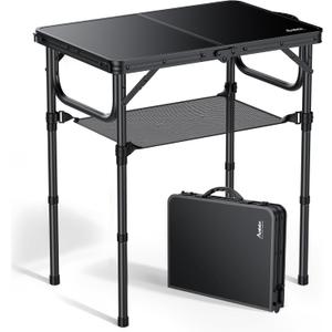 Anbte 2ft Folding Camping Table with Storage Net, 3 Adjustable Heights Small Folding Table Lightweight & Portable with Carry Handle, for Camping, Fishing, Picnic, Beach, Outdoor, 22.8" x 15.7", Black (24" x 16" x 26.3")