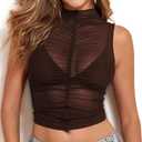 YYA Sheer Mesh Vest for Women Sexy Tank Club Top with Ruffled Hem & Stretchy Pleats S-XXL Coffee XXL (XXL)