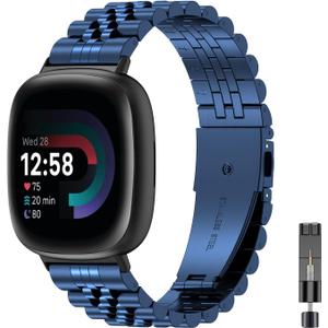 EZMVZKU Metal Watch Bands for Fitbit Versa 4/Sense 2/Versa 3/Sense Stainless Steel Replacement Strap for Versa 3/Versa 4 Wristband for Men Women (Blue)