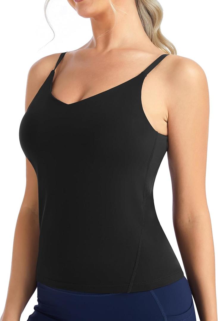 THE GYM PEOPLE Women's Longline V Neck Sports Bra with Removable Pads Adjustable Spaghetti Strap Yoga Workout Cami Tank Tops (Black, XL)