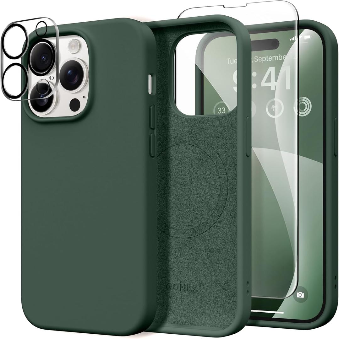 GONEZ for iPhone 14 Pro Case, Compatible with Magsafe, with Screen Protector + Camera Lens Protector, Soft Anti-Scratch Microfiber Lining, Shockproof Liquid Silicone Phone Cover, Dark Green