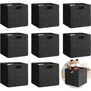 8 Pack 11.8 Inch Wicker Storage Cubes, Hand Woven Paper Rope Wicker Storage Baskets, Foldable Cube Storage Bins Organizer Square Shelf Baskets Pantry Organizing & Decor (Black)