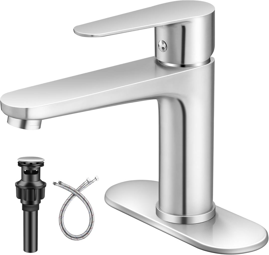 Brushed Nickel Bathroom Faucet Single Hole Single Handle 304 Stainless Steel Modern Sink Commercial RV Faucet with Pop-Up Waste for 1 or 3 Hole 4 Inch Vanity Bathroom Sinks
