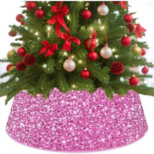 Pink Christmas Tree Collar 28 Inch Sequin Tree Skirt for Christmas Holiday Home Decor Small Xmas Tree Ring Foldable Christmas Tree Stand Base Cover Christmas Tree Collars for Artificial Trees, Pink