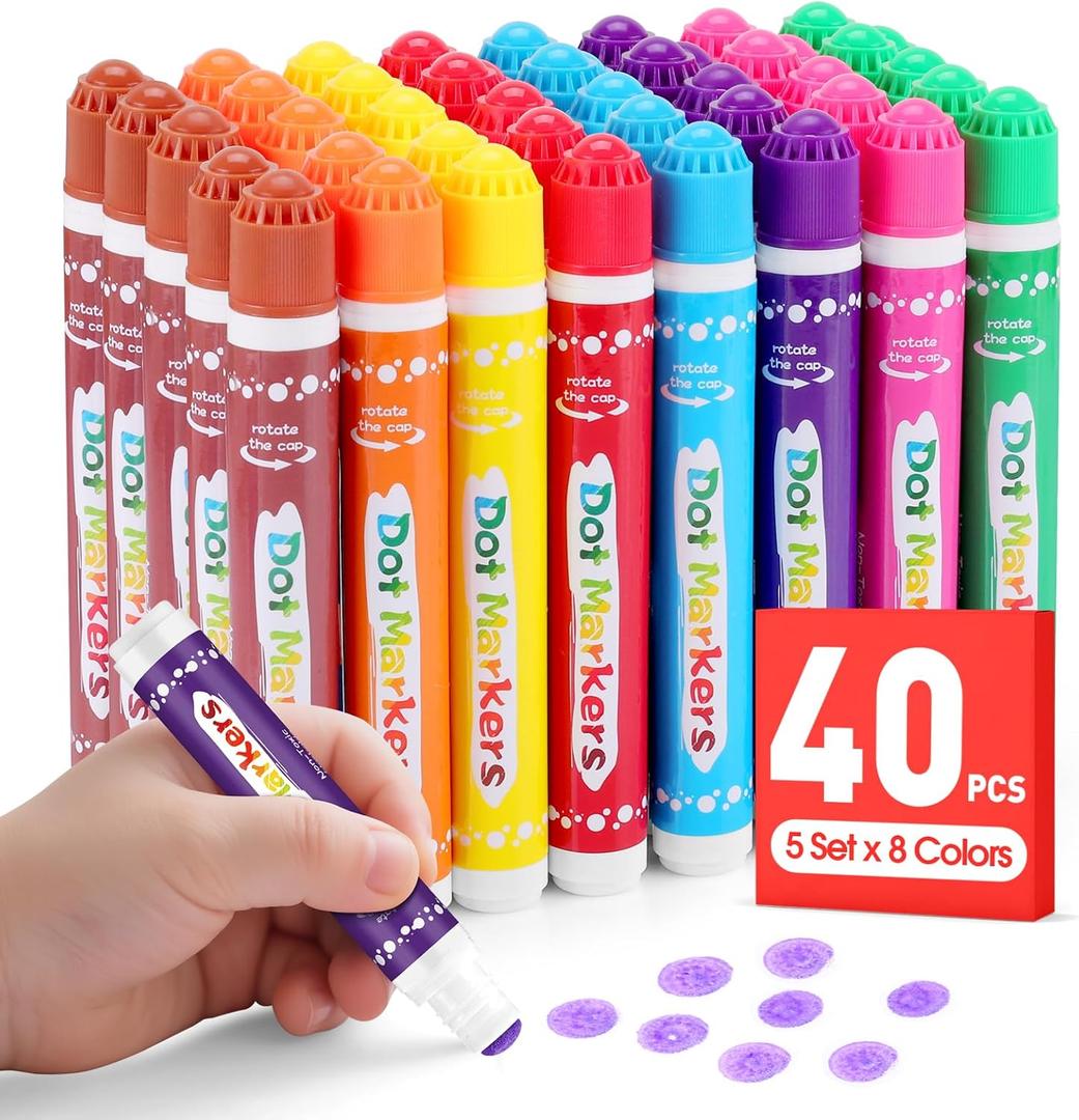 FUMILE 40 Pcs Dot Markers for Toddlers 1-3, 8 Colors Bingo Daubers Bulk for Toddlers, Washable Bingo Markers, Bingo Supplies, Dot Paint for Painting Supplies Drawing Coloring and Easter Basket Stuffer
