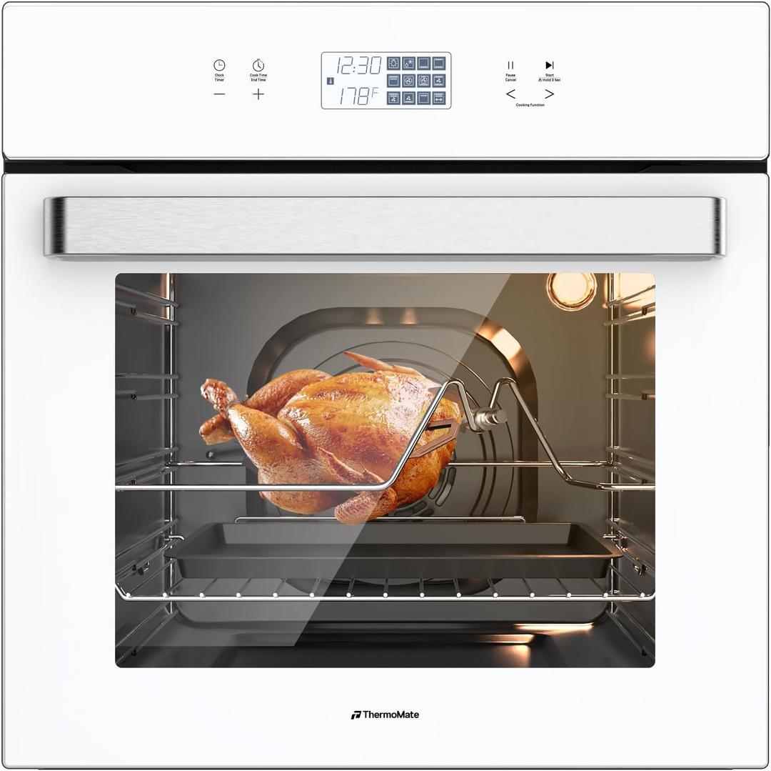 24" Single Wall Oven, ThermoMate 2.6 Cu.Ft. Electric Wall Oven with 12 Functions, White Built-in Convection Ovens, Sensor Touch Control, Safety Lock, ETL Certified, 3100W
