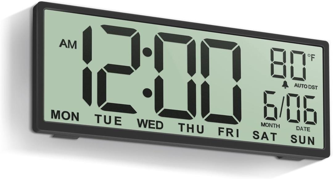 JALL 14.5" Large Digital Wall Clock Battery Operated with Big Digits LCD Screen Display, Day, Date, Alarm, Auto DST, Temperature for Living Room, Bedroom, Desk Decor, Mounted, Gift for Elderly (Black)