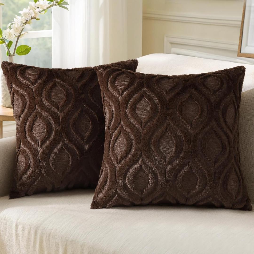 decorUhome Throw Pillow Covers 22x22 Inch Set of 2, Soft Plush Faux Wool Dark Brown Solid Couch Pillow Covers, Accent Euro Sham Farmhouse Neutral Square Pillow Cases for Sofa Bed Living Room