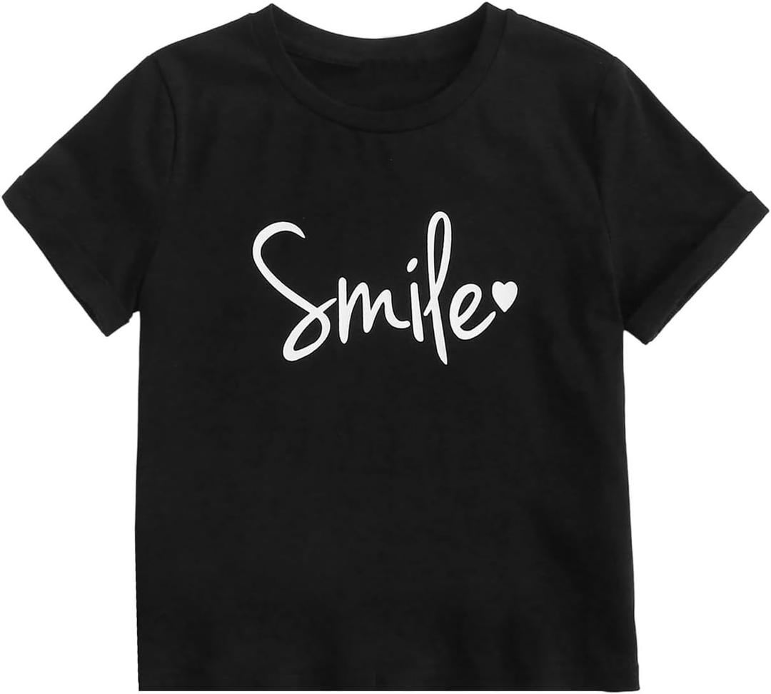 Milumia Girl Letter Print Crewneck Short Sleeve Tees Comfy Casual T-Shirts (Black)