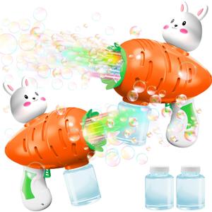 2 Pack Easter Lighted Bunny Bubbles Guns Toys for Kids Toddlers Boys Girls Easter Basket Stuffers, Light Up Bubble Blower Machine with Solution Kids Party Favors Outdoor Game Classroom Prize Gifts