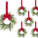 SHACOS 6 Pcs Small Christmas Norfolk Wreath 12 Inch Kitchen Cabinet Mini Wreaths Greenery Pine Needle Wreath with Red Ribbon Bow for Cabinet Xmas Window Wall Chair Decor