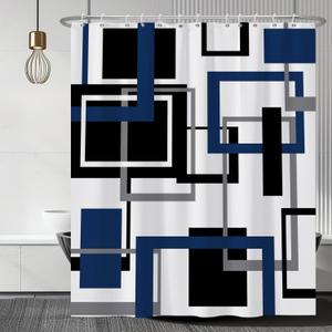 Renaiss 72x72 Inches Navy Blue Geometric Shower Curtain Black and Grey Modern Geometric Bath Curtain Abstract Minimalist Fabric Shower Curtain for Bathroom Decor Set Polyester Waterproof with Hooks