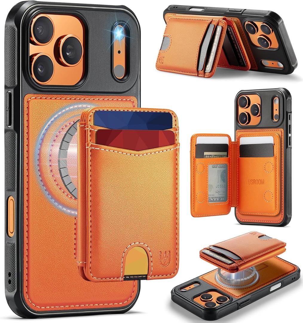 for iPhone 17 Pro Max Wallet Case Compatible with Magsafe, Magnetic RFID Blocking Card Holder Kickstand 2 in 1 Detachable Case for iPhone 17 Pro Max 6.9", Orange