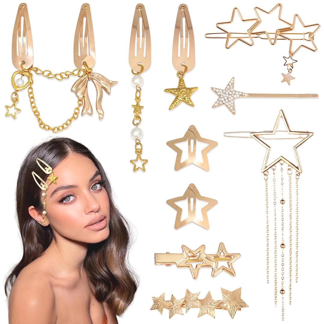 10PCS Gold Hair Clips Dangle Star Hair Clips Metal Snap Star Barrettes 9 Shapes Y2K Hair Accessories for Women and Girls