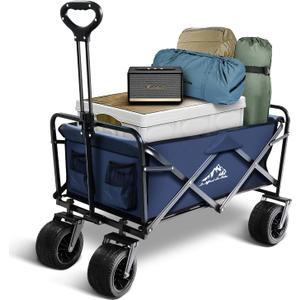 Large Collapsible Wagon Cart Heavy Duty Foldable, Large Capacity Foldable Grocery Beach Wagon for Camping Sports Shopping, Blue