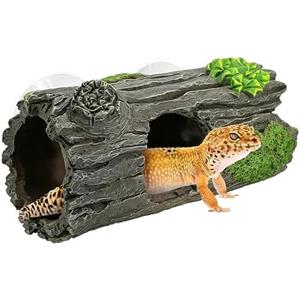 Reptile Hide, Resin Hollow Log Cave with Two Strong Suction Cups,Gecko Tank Accessories Climbing Toy– Climbing Decoration and Hideout for Lizards, Geckos, Snakes, Hermit Crabs, and Frogs