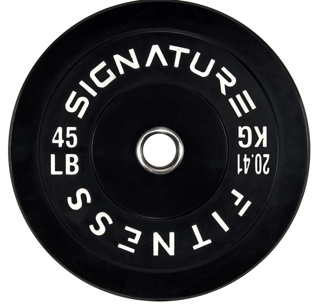 Signature Fitness 2" Olympic Bumper Plate Weight Plates with Steel Hub - 100% Virgin Rubber, Black 45LB