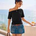 MEROKEETY Women's Off The Shoulder Short Sleeve Tops 2026 Summer Casual Going Out Trendy Y2k T Shirts (Black, XL)