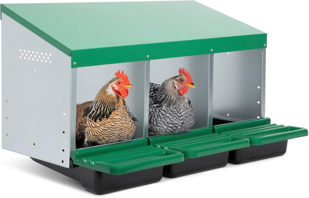 Classic Style 3 Compartment, Forward Rollout & Rollaway, Hen & Chicken Nesting Box with Integrated Perch and Protective Egg Laying Collection Lids