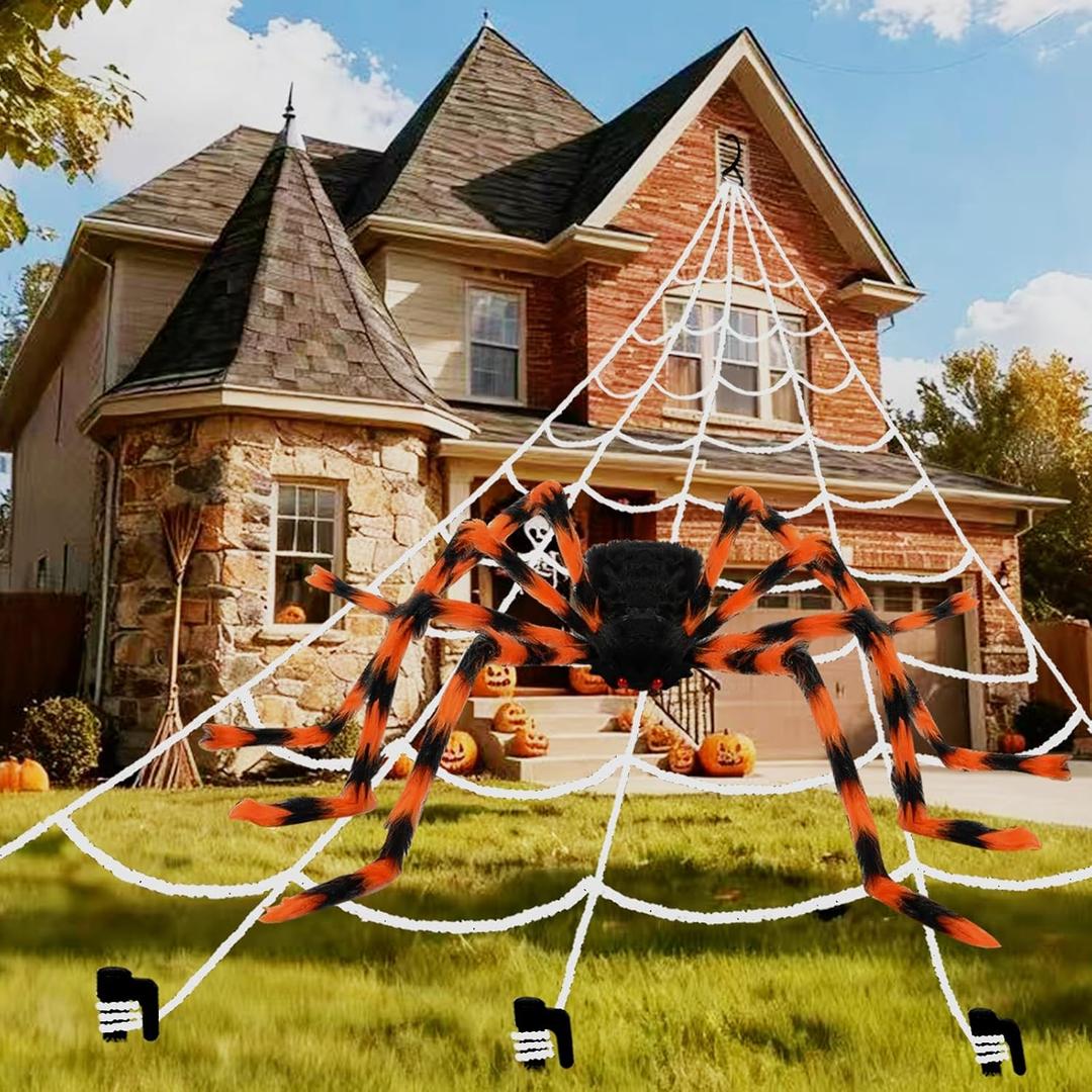 200" Halloween Spider Web + 59" Giant Spider Decorations, Triangular Huge Spiders Web and Hairy Scary Fake Spider, for Indoor Outdoor Porch Yard, Scary Haunted House Party, and Halloween Dcor (Yellow+black Spider)
