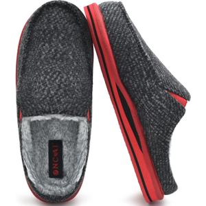 ONCAI Mens Clog Slippers with Arch Support Stripe Faux Fur Cotton-Blend High-Density Memory Foam Warm House Slippers Slip-on Indoor Outdoor Rubber Sole Size 7-16 (11, Black/Red)