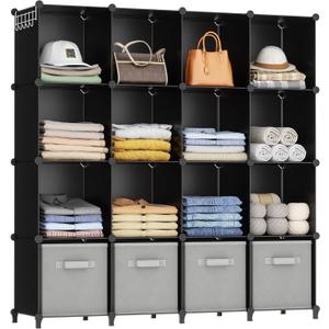 HOMIDEC Closet Organizers and Storage, 16 Cube Storage Organizer, Closet Organizer Bookshelf Cubes Shelves for Clothes, Bedroom, Kids Room, Bathroom, Wardrobe, Garment Racks, Black (X-Large)