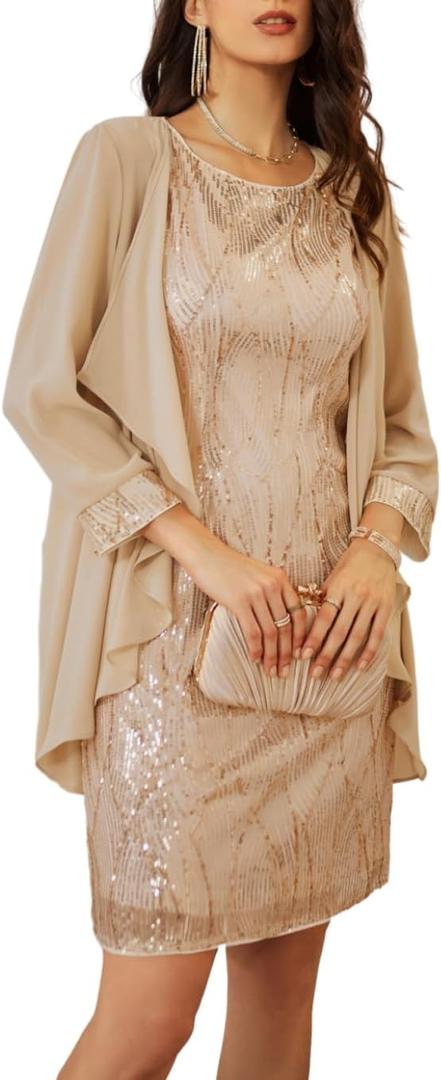 GRACE KARIN Women's Sequin Dress - Wedding Guest & Mother of The Bride Formal Dress - Two Piece Knee Length (XX-Large, Champagne Gold)