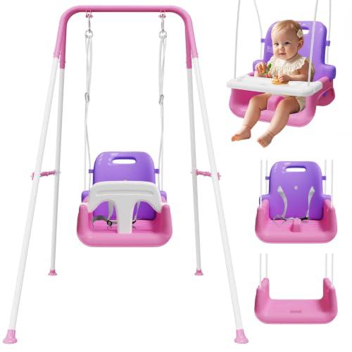 Upgraded Toddler Swing with Tray, Baby Swing Outdoor with Detachable Design, Safety Belt, Foldable Frame for Outdoor & Indoor Use