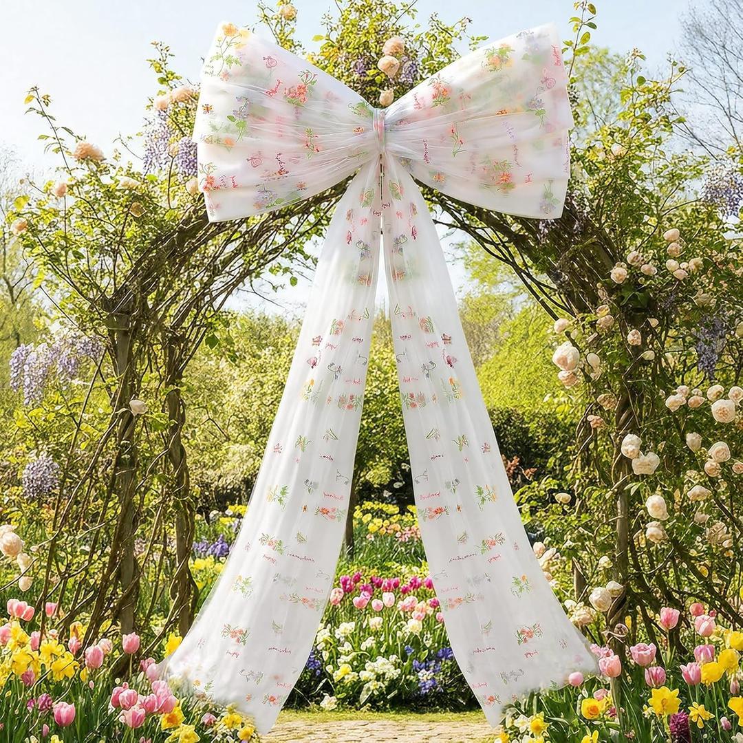 Big Floral Bow Giant Mesh Wildflower Bow Wall Decorations Spring Summer Birthday Party Decor Ribbon Hanging Tiebow Decor for Baby Shower Wedding Bridal Bachelorette Supplies (White)