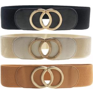 Swtddy 3 Pack Womens Vintage Wide Elastic Stretch Waist Belt For Dresses (Golden O Design Black+beige+camel)