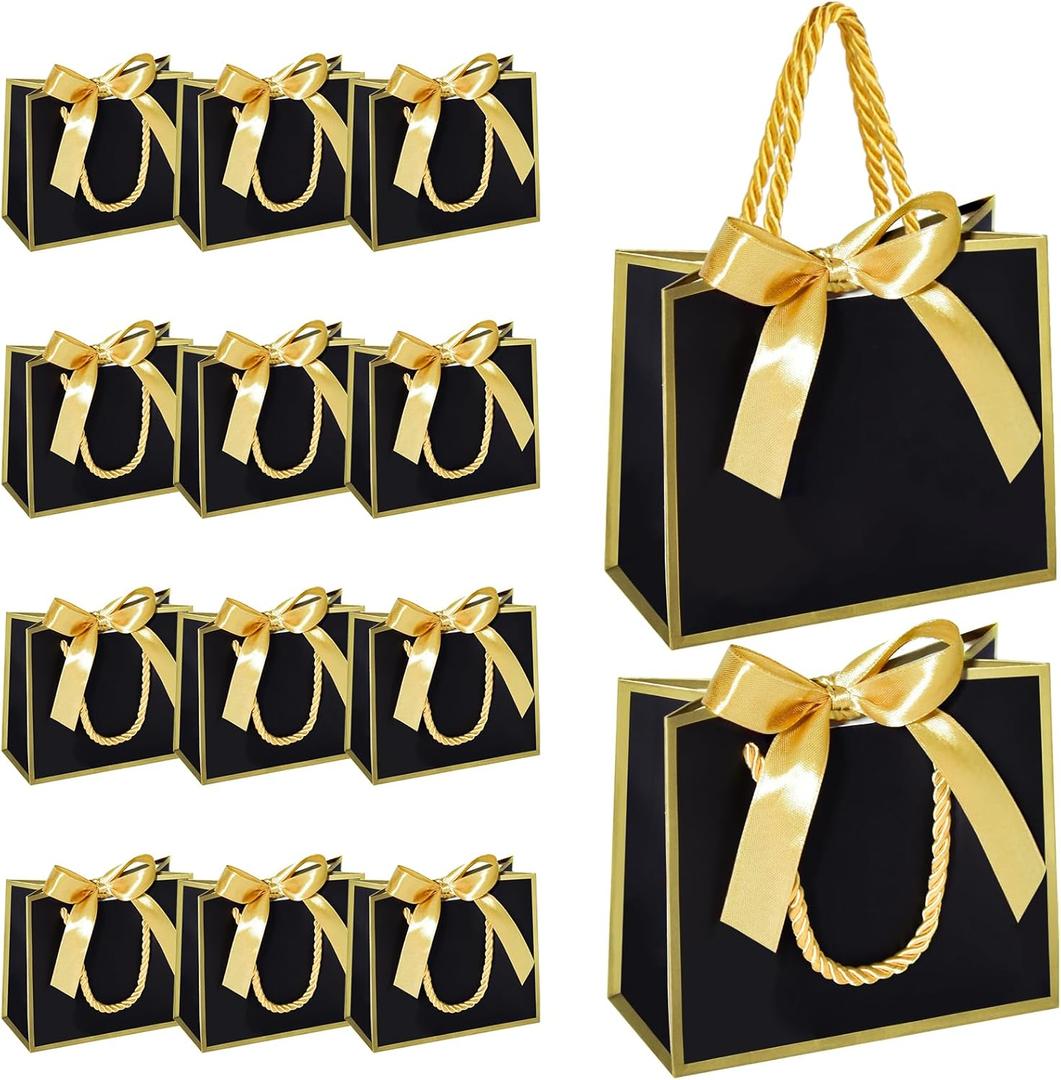 EQOREIIN 50 PCS Small Gift Bags with Handles, Black Mini Bag, 5.5x 2.5x4.7 Inches Small Thank You Gift Bags Bulk with Ribbon for Party Favors, Mother's Day, Baby Shower, Goodie, Weddings(Black Gold)