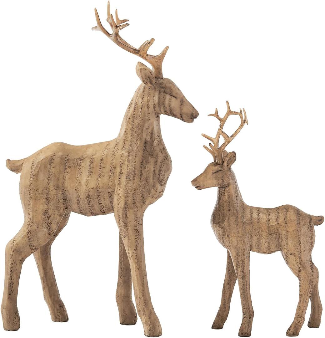DN DECONATION 2PCS Christmas Reindeer Decoration Christmas Figurines Standing Deer Statues, Rustic Resin Xmas Reindeer with Wood Texture for Tabletop Mantle Decor (Brown) (Set of 2)