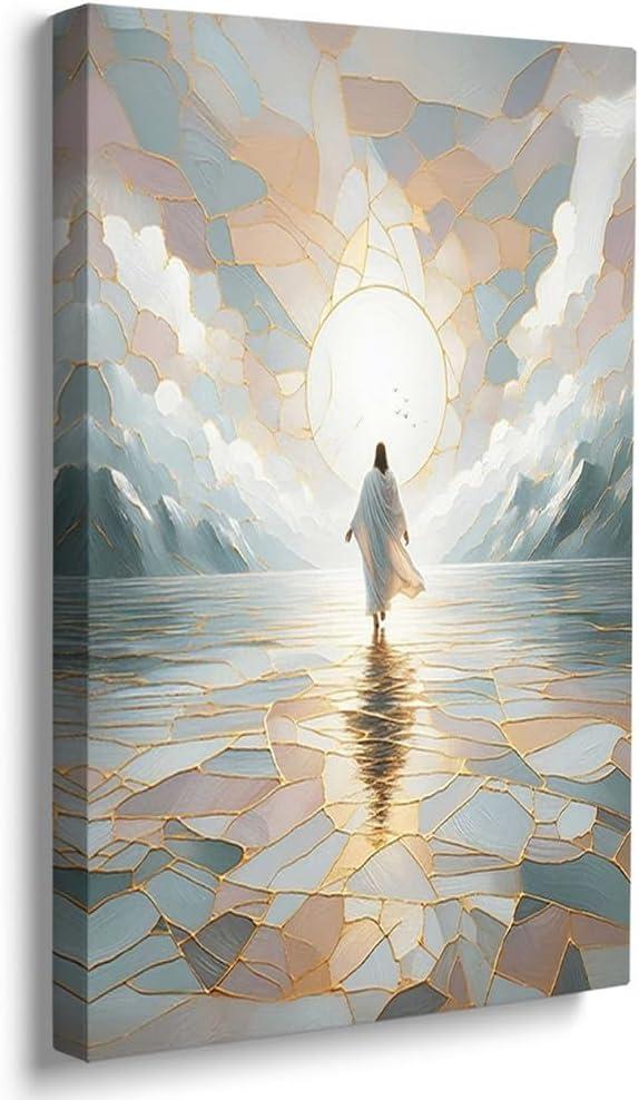 GUBIYU Jesus Wall Art - Jesus Walking on Water Kintsugi Canvas Prints - Christian Art Wall Decor for Church & Home - 16"x24" (White Ocean Blue Brown Art)