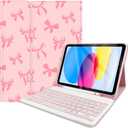 Case Keyboard for iPad Gen 11th (A16) 11'' 2025 / 10th 10.9-inch 2022, Pink Bow Cute Chic Adorable with Pencil Holder for 10.9'' Case with Keyboard Rechargeable, Detachable, Pink Bow