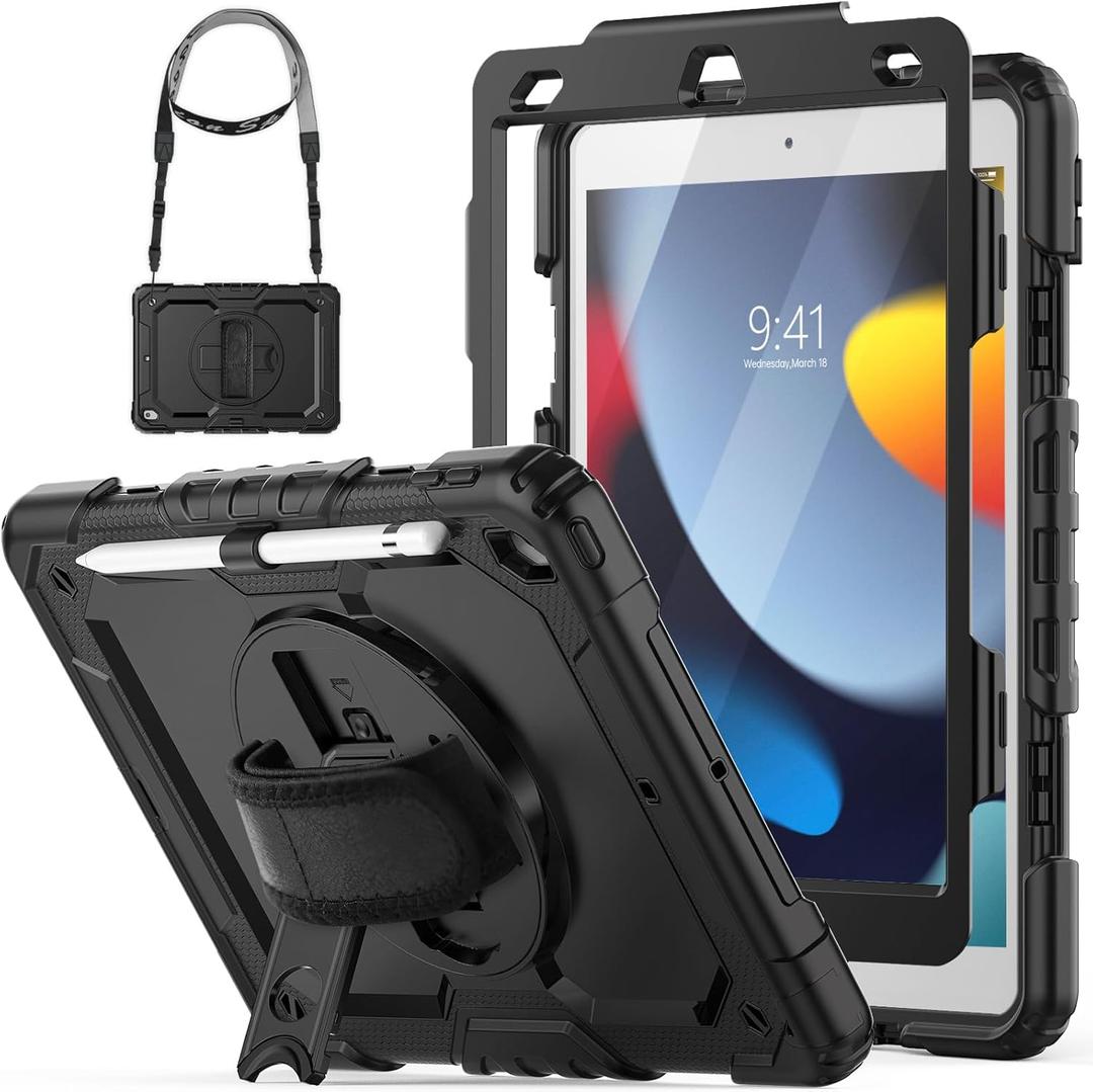 HXCASEAC Case for iPad 9th/8th/7th Generation 10.2 inch, with Pencil Holder, Screen Protector, Hand Strap, Heavy Duty Protective for iPad 9/8/7 Case 10.2-inch 2021/2020/2019, Black