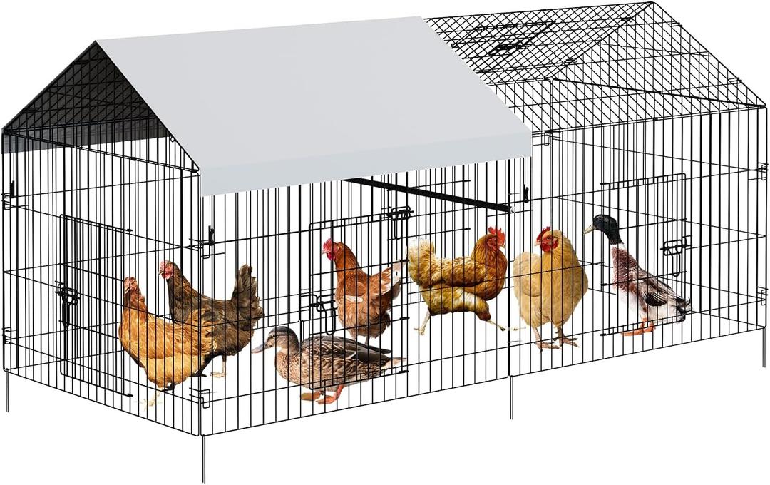 86"x40"x40" Large Chicken Coop, 2 Compartments Chicken Run with 4 Doors & Waterproof Cover, Walk in Poultry Cage for Hen, Rabbit, Duck, Goose (Silver)