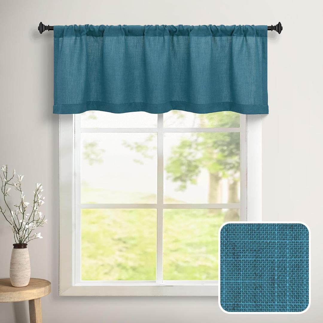 DANCURTON Teal Valance for Windows Kitchen 18 Inch Length Rod Pocket Farmhouse Semi Privacy Green Blue Linen Valance Curtain for Boys Bedroom Living Room Short Valances for Small Bathroom Turquoise