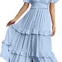 Amegoya Women's V Neck Summer Boho Maxi Dress Wedding Guest Tiered Ruffle Sleeve Long Flowy Dresses (Blue XL)