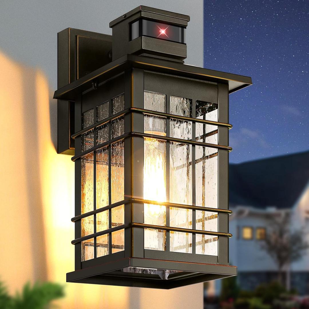 Motion Sensor Outdoor Light Fixture Wall Mount, Dusk to Dawn Oil-Rubbed Bronze Waterproof Outside Porch Light with E26 Base, Anti-Rust Exterior Wall Lantern with Bubble Glass for House Garage Garden