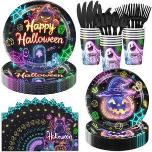 350 Pcs Halloween Party Decorations Supplies for 50 Guests, Halloween Birthday Party Decorations Including Plates, Dessert Plates, Paper Cups, Napkins, Knives, Forks and Spoons for Horror Party Decor