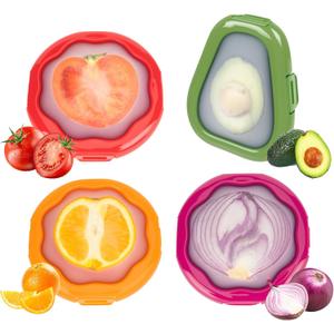 TQRR Set of 4 Reusable Silicone Food Storage Containers for fridge - Fruit and Vegetable Storage, Avocado Saver, Ideal for Apple, Onion, Tomatoes, Lemons, Orange and Potatoes